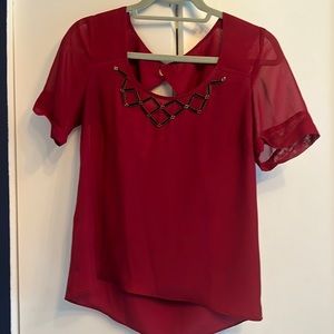 BCBG burgundy silky short sleeved top with detail